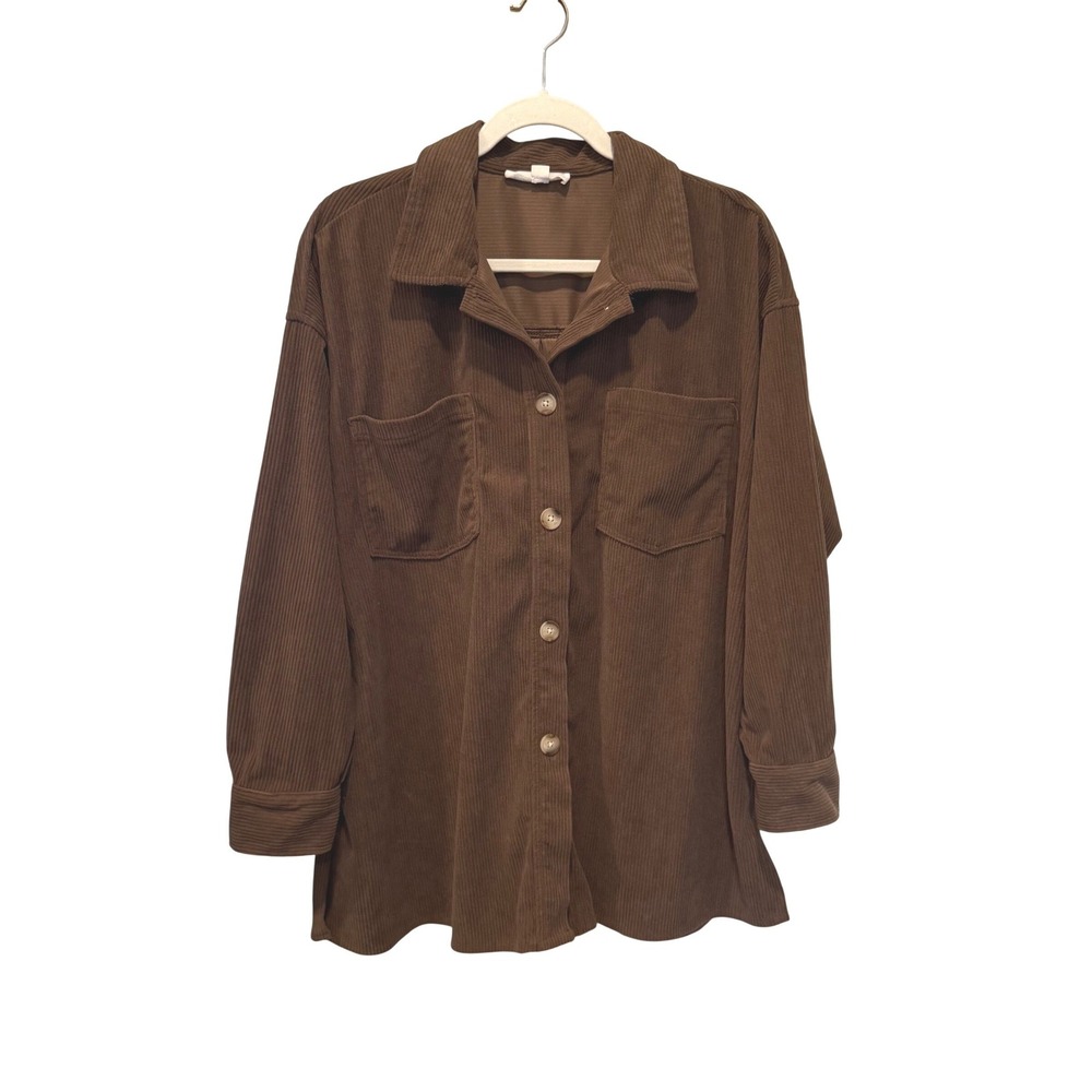 Blue Blossom Womens Boho Corduroy Shacket Oversized Large Brown Button Up Ribbed